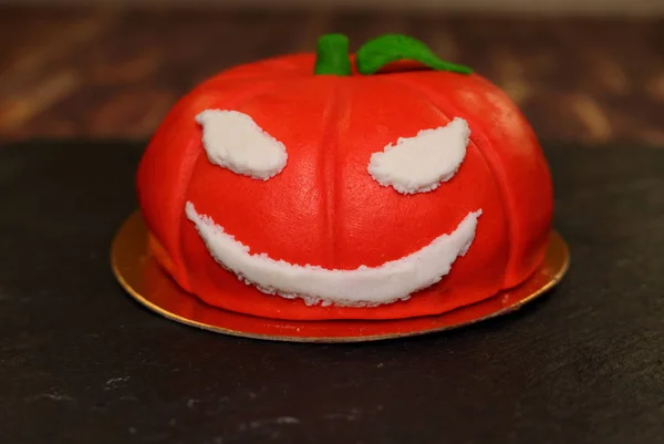 Idea Baking Decorating Halloween Ominous Orange Pumpkin White Eyes Mouth — Stock Photo, Image