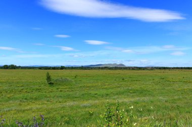 Güzel yaz manzara mavi gökyüzü, parlak yeşil çim ve dağ uzakta bulutların şaşırtıcı formlarla Khakassia bozkır. Metin veya ürün için kopya alanı için arka plan