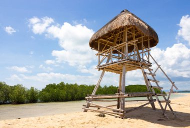 Tipik bambu cankurtaran kulübe palm ile ayakta güneşli günde yeşil mangrovlar ve mavi gökyüzü arka plan üzerinde şerit huşu kum plajda bırakır. Deniz tatil reklam için mükemmel turistik arka plan