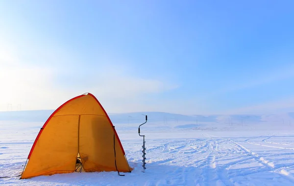 Bright Yellow Tourist Tent Drill Winter Fishing Ice Covered Empty — Stock Photo, Image