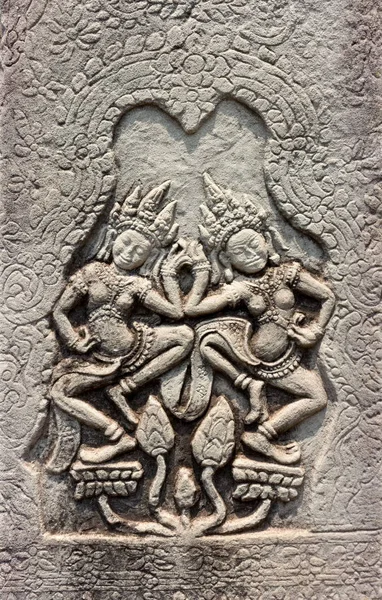 Dansande Apsaras Detalj Religiösa Sten Carving Utsmyckning Antika Vägg Angkor — Stockfoto