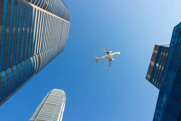 Flying Aircraft Glass Skyscrapers Business District Hong Kong Abstract Cityscape — Stock Photo, Image