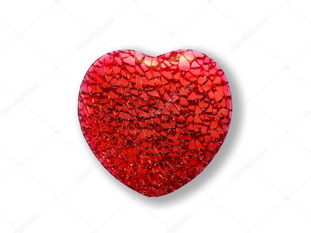Red heart shape with cracked glass texture isolated on white background. Concept of caring for the health heart, ability to forgive offenses, restoring friendship. Heart as a jewel for Valentine's Day