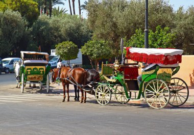 Marakeş, Fas - 12 Ekim 2019: Marakeş caddesinde bekleyen renkli turist at arabası.