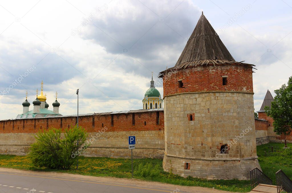Fragment of the Kremlin wall in Zaraysk town. Cultural heritage of the Middle Ages 16th century in the Moscow region, Russia