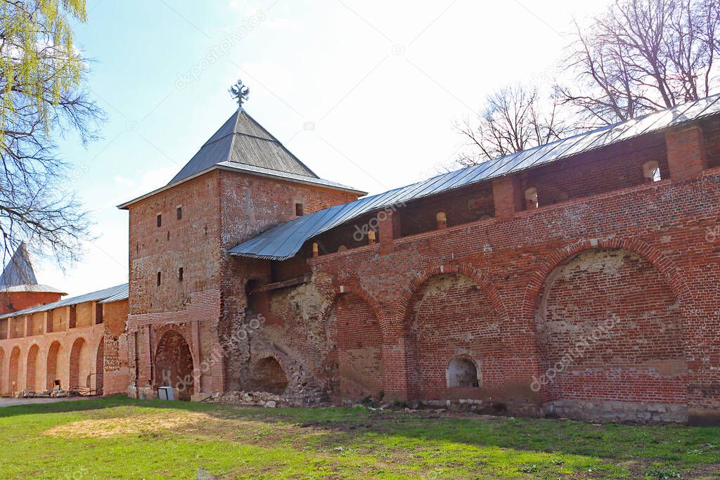 View on St. George Gate Tower and partially destroyed Kremlin wall in the inner territory of Zaraysk Kremlin. Cultural heritage of the Middle Ages 16th century