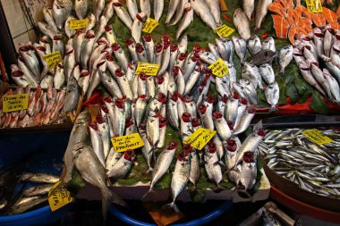İstanbul, Türkiye - 10 Ekim 2019: Balık pazarında satılık taze balık çeşitleri. Seçici odak
