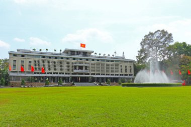 Ho Chi Minh Şehri, Vietnam - 28 Mart 2019: Birleşme Sarayı veya Bağımsızlık Sarayı 'nın' Dinh Thong Nhat 'görüntüsü. Vietnam, Saigon 'da bir dönüm noktası. Seçici odak