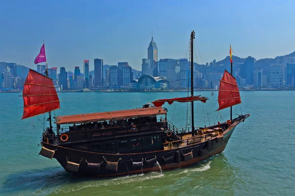 Hong Kong Čína Říjen 2018 Tradiční Čínská Dřevěná Plachetnice Červenými — Stock fotografie