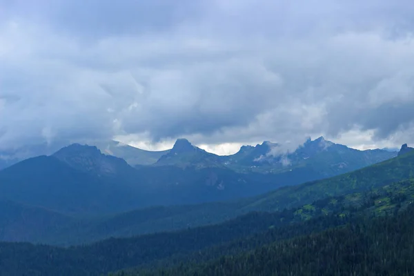 Blurry View Distant Conifer Forest Foggy Mountains Dark Siberian Taiga — Stock Photo, Image