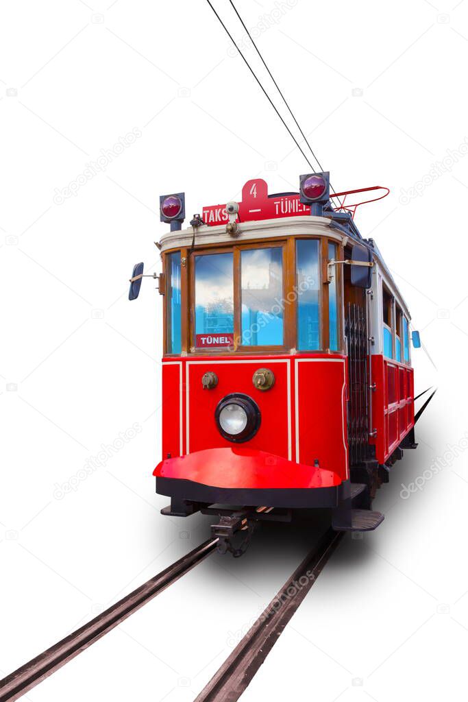 Istanbul red retro tram isolated on white background. Travels between Taksim and Tunnel. Translation: Tunnel
