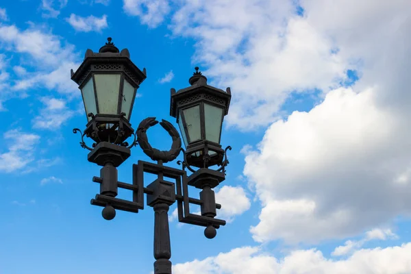 City Decorative Street Lantern Cloudy Sky Background Urban Metal Lamppost — Stock Photo, Image