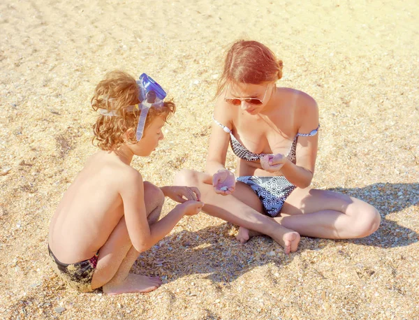 Familie plezier op het strand voor het verzamelen van schelpen — Stockfoto