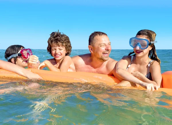 Happy Family Children Swimming Having Fun Sea Inflatable Mattress Happy — Stock Photo, Image