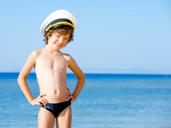 Funny Child Sea Cap Looking Camera Background Blue Sea Sky Royalty Free Stock Images