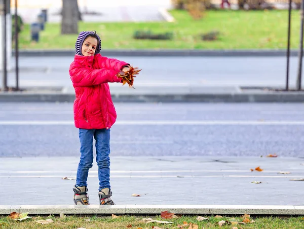 Heureux Petit Enfant Douce Fille Riant Tenant Des Feuilles Jaunes — Photo