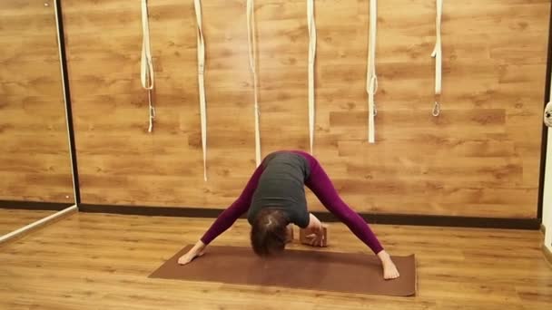 有吸引力的成熟女性在运动服和上衣使深向下的斜坡-伸展她的腿和做瑜伽运动在木制宽敞的健身房, 慢动作 — 图库视频影像