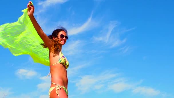 Slow Motion Young Girl Holding Scarf Waving Wind — Stock Video