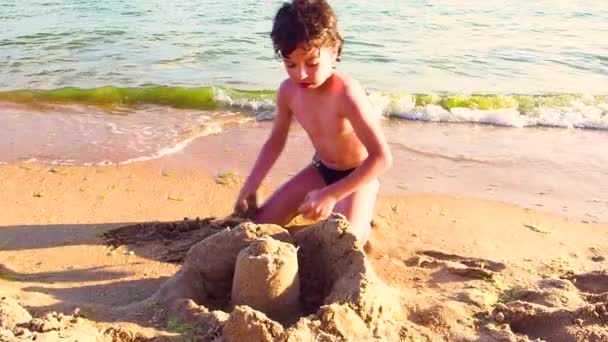 Slow Motion Little Boy Sitting Beach Building Castle Sand — Stock Video