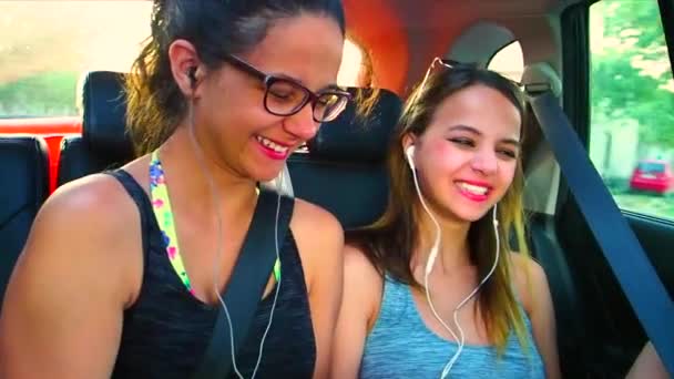 Two Young Girls Riding Car Sea — Stock Video