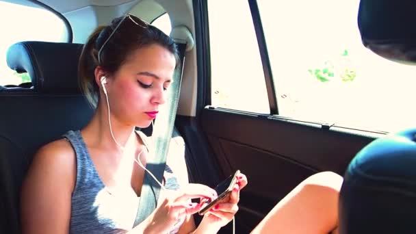 Young Girl Listening Music While Riding Car Sea — Stock Video