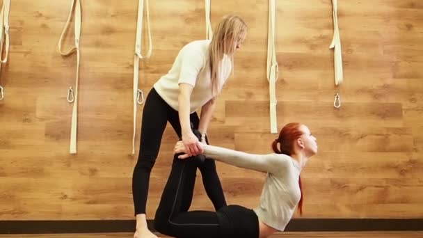 Dos Mujeres Jóvenes Haciendo Ejercicios Yoga Gimnasio Movimiento Lento — Vídeo de stock