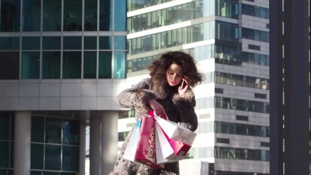 Chica Belleza Ropa Invierno Caminando Aire Libre Con Bolsas Compras — Vídeos de Stock