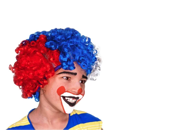 Little Cute Smiling Boy Colorful Wig Facepaint Clown Looks Away — Stock Photo, Image