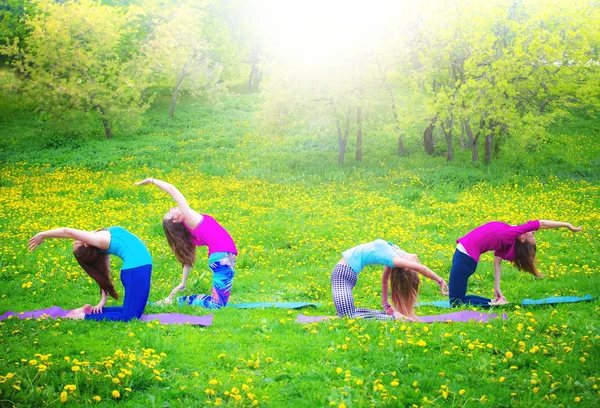 Mädchen Üben Dehnübungen Schöne Junge Frauen Beim Stretching Auf Grünem — Stockfoto