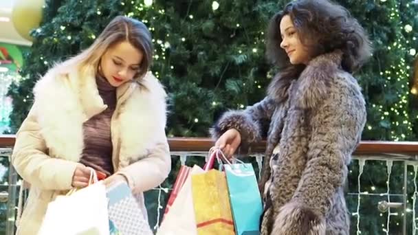 手に買い物袋を持つモールに立っている冬服の2人の女の子 クリスマスツリーの背景 スローモーション — ストック動画