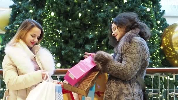 Twee Meisjes Winterkleren Staan Het Winkelcentrum Met Boodschappentassen Handen Kerstboom — Stockvideo
