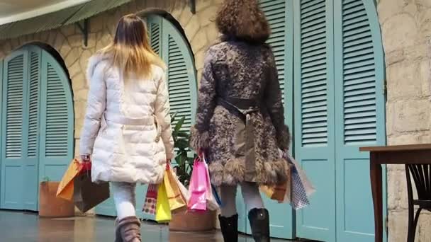 Dos Chicas Ropa Invierno Caminando Centro Comercial Con Bolsas Las — Vídeo de stock