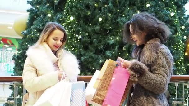 Duas Meninas Roupas Inverno Shopping Com Sacos Compras Nas Mãos — Vídeo de Stock