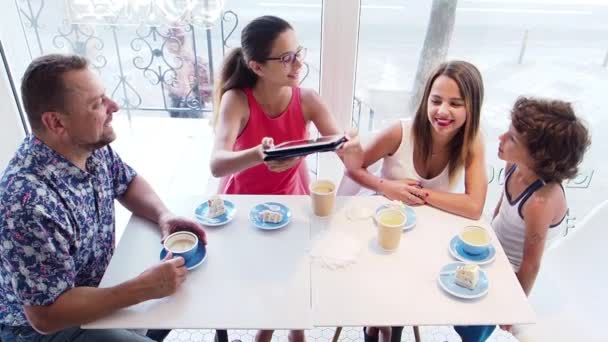 Cute Happy Family Having Breakfast Cafe Father Two Daughters Son — Stock Video