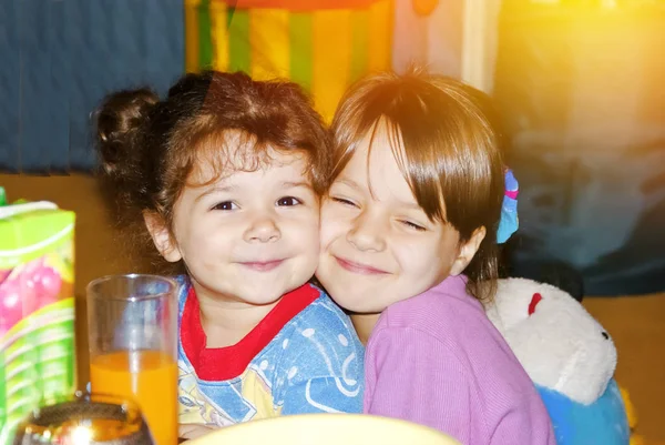 Joyful Beautiful Year Female Child Hugging Tight Her Sister Both — Stock Photo, Image