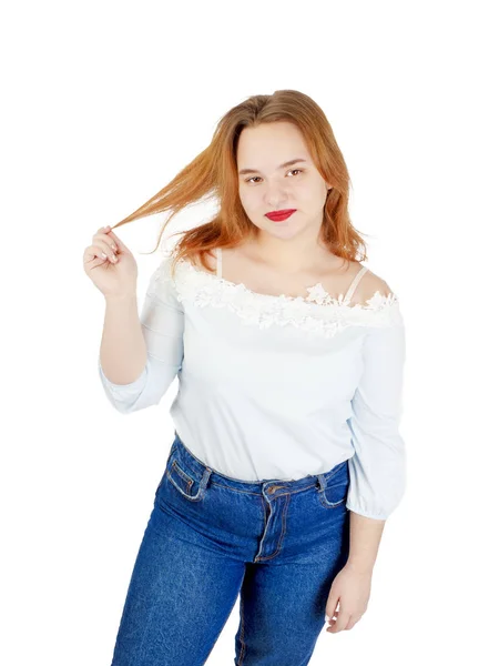 Übergewichtige Junge Frau Ganzkörperporträt Isoliert Auf Weiß — Stockfoto