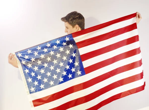 Hombre Feliz Sosteniendo Bandera Nacional Los Estados Unidos América — Foto de Stock