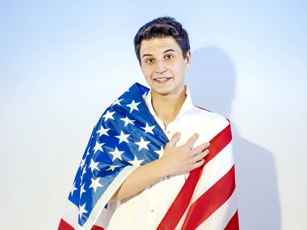 Jeune Homme Beau Enveloppé Dans Drapeau National Les États Unis — Photo