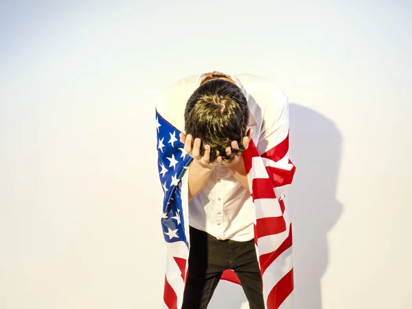 Depresivo Adolescente Con Bandera Los Estados Unidos Concepto Desesperación — Foto de Stock