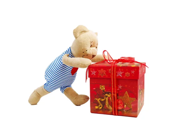 Αρκουδάκι Παιχνίδι Πιέζει Κόκκινο Κουτί Δώρου Δεμένα Διακοσμητική Πλεξούδα Απομονωμένος — Φωτογραφία Αρχείου