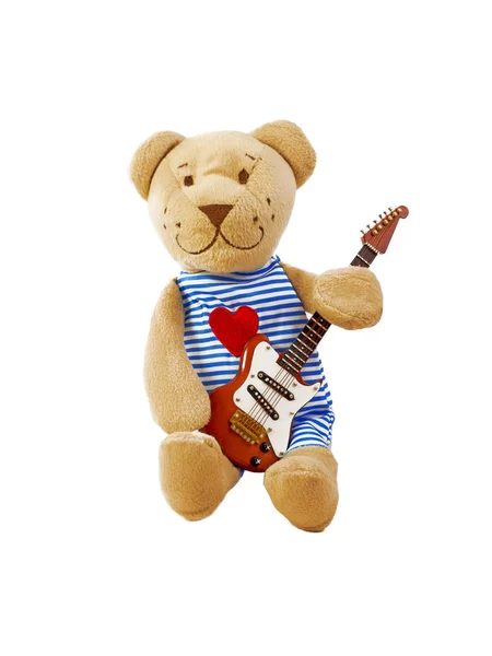 Petit Ours Peluche Avec Une Guitare Isolé Sur Blanc — Photo