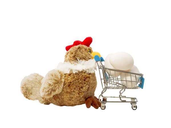 Toy Chicken Bär Shoppingvagn Med Kyckling Ägg Isolerad Vitt — Stockfoto