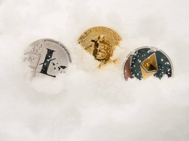 Metal gold money bitcoin in snow in winter. Frozen account, rate. Bankpripsisi. Credit coins - bitcoin BTC , litecoin LTC , ethereum ETH digital cryptococcus in snow clipart