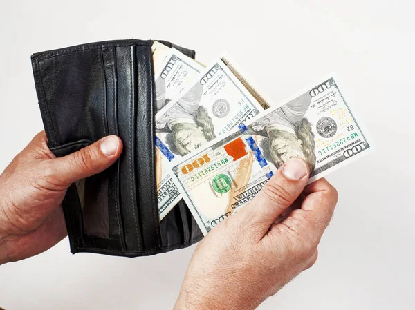 Wallet Dollars Hands Hand Holding Money Leather Brown Wallet Counting — Stock Photo, Image