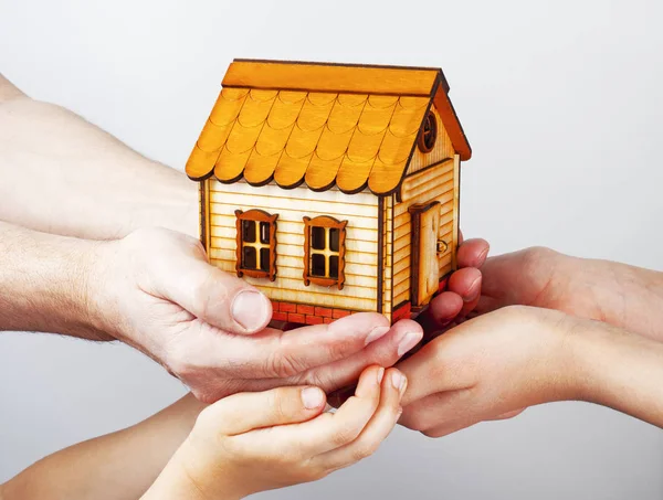 Many Hands Different Generations Hold Toy House Concept Own Housing — Stock Photo, Image