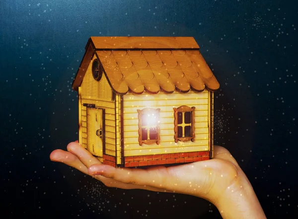 Small Wooden Toy House Hand Dark Background — Stock Photo, Image
