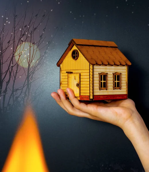 House Hand Burning Fire Risk Accident Night — Stock Photo, Image