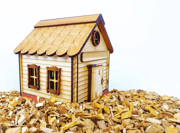 Toy Classic Wooden House Standing Surface Pile Small Firewood Concept — Stock Photo, Image