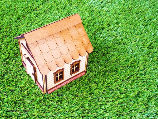 Classical House Toy Wooden Grass Background — Stock Photo, Image