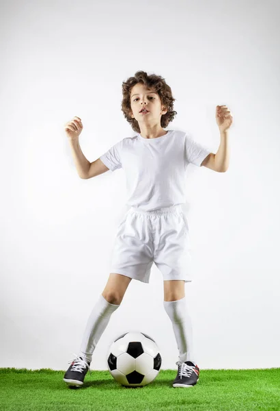 Boy Soccer Ball Green Grass Excited Little Toddler Boy Playing — Stock Photo, Image